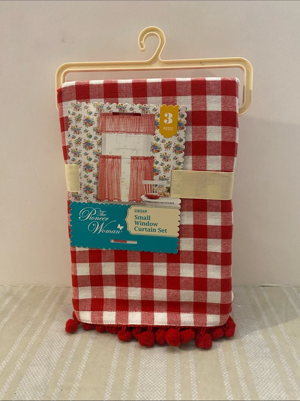 The Pioneer Woman Red and White Gingham Window Curtain Set with Red Pom Trim